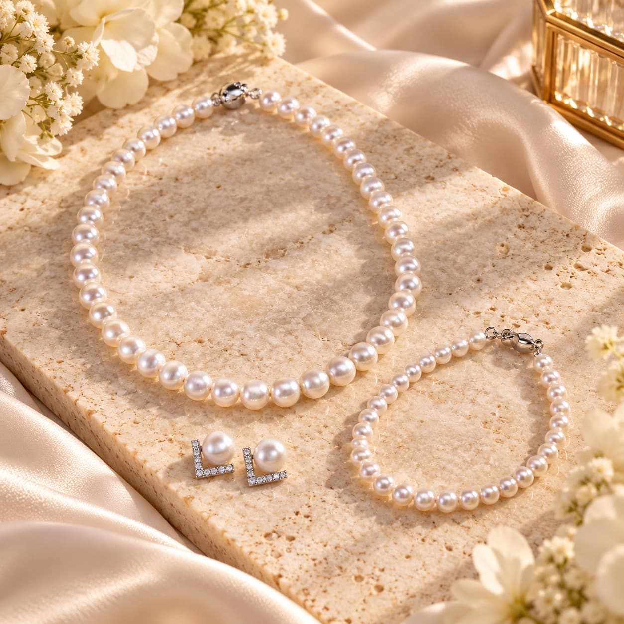 Pearl set necklace, earring & bracelet at Meow Aesthetics